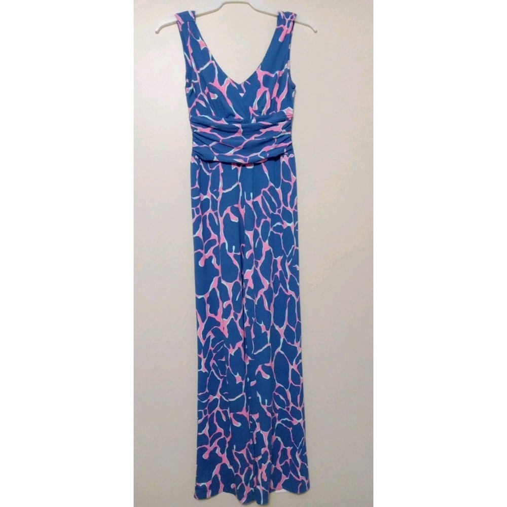 lilly pulitzer Sloan Blue Pink Green Asymmetric Pattern Jumpsuit Size S‎